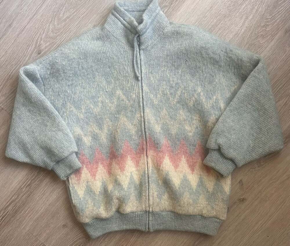 Vintage Tundra Full-Zip Wool Cardigan Sweater Pastel Chevron Size M